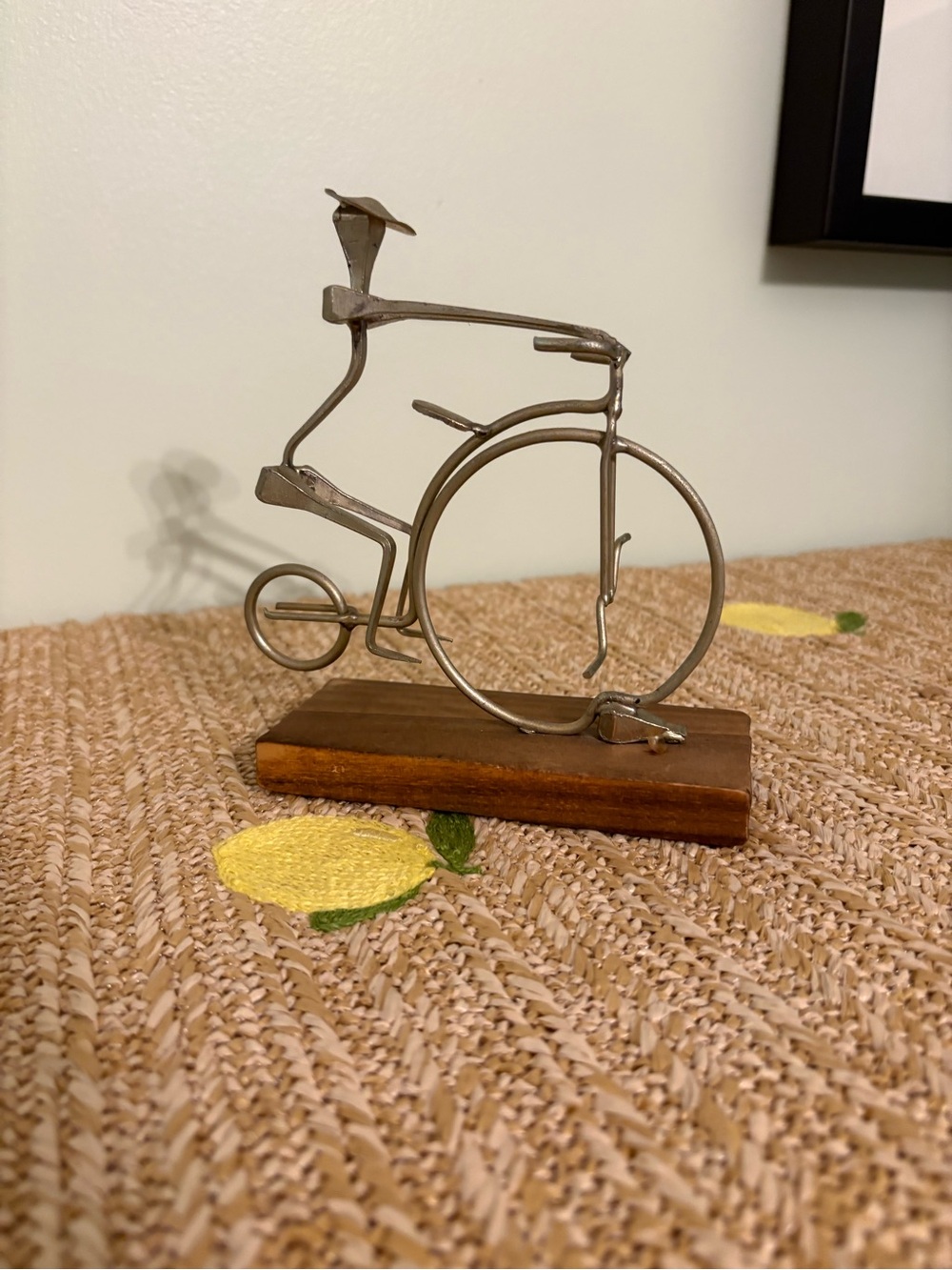 Vintage Brutalist Metal Nail Art Cyclist Sculpture Bicycle Wood Base Spain